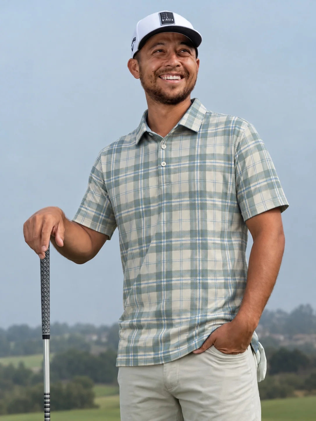 Sagegrünes Performance-Golf-Poloshirt mit Karomuster