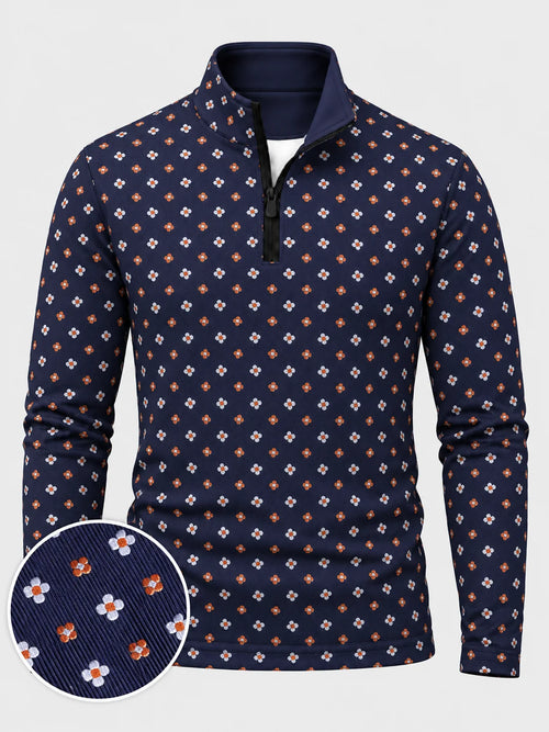 Marineblauer Performance-Pullover mit Viertelreißverschluss und feinem Blumenmuster
