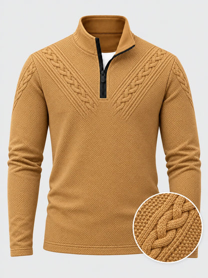 Golf-Pullover mit Viertelreißverschluss und Zopfmuster in Goldbraun- und Kameltönen