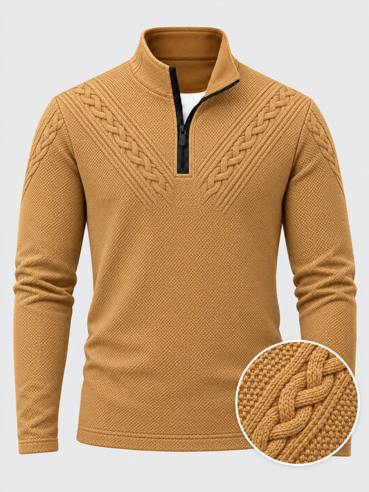 Golf-Pullover mit Viertelreißverschluss und Zopfmuster in Goldbraun- und Kameltönen