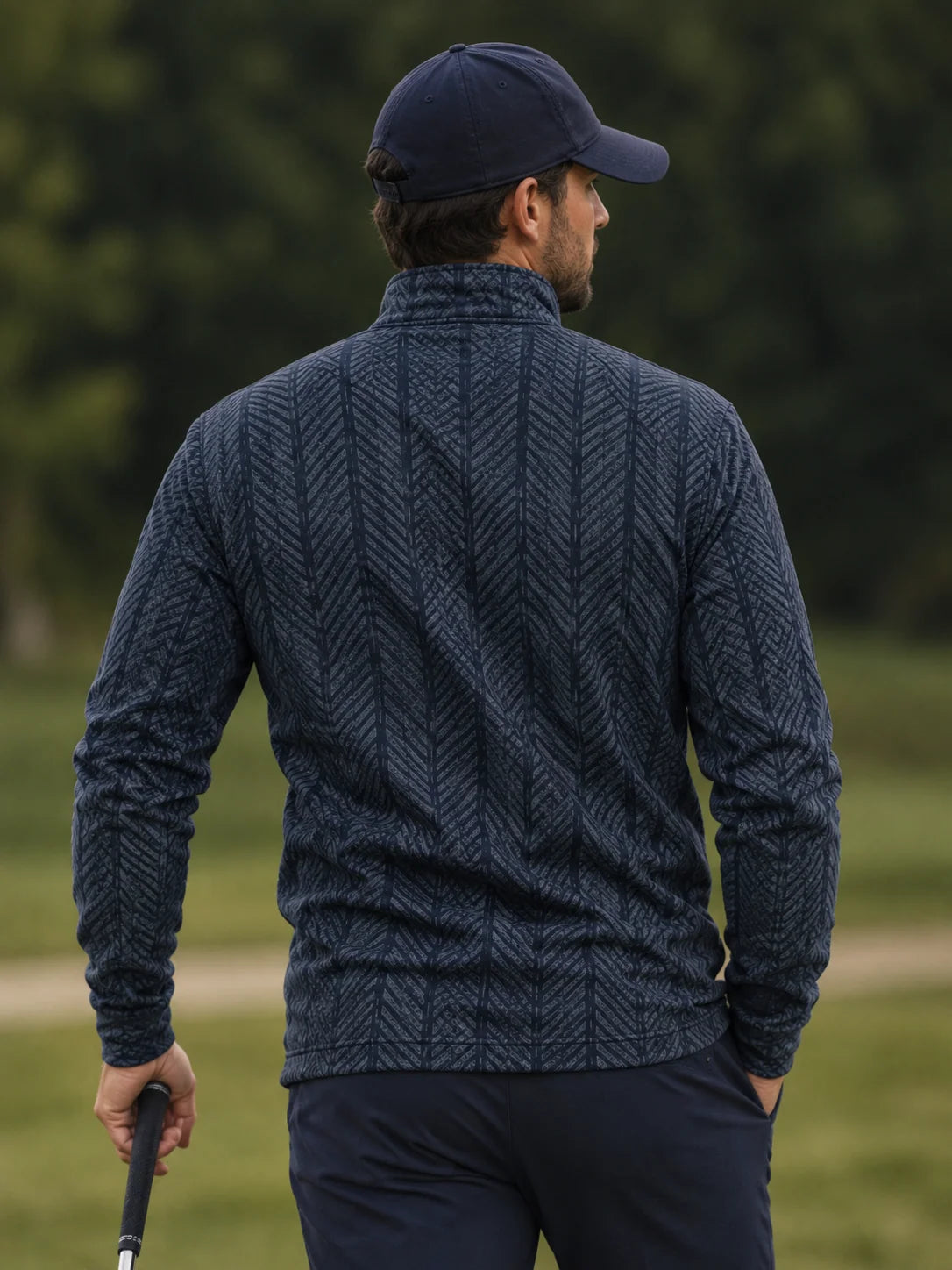 Golfpullover mit Fischgrätmuster in Marineblau, Funktionsmaterial und Viertelreißverschluss