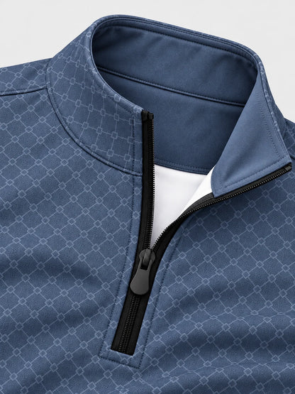 Staubblauer Golf-Pullover aus Funktionsmaterial mit Rautengittermuster und Viertelreißverschluss