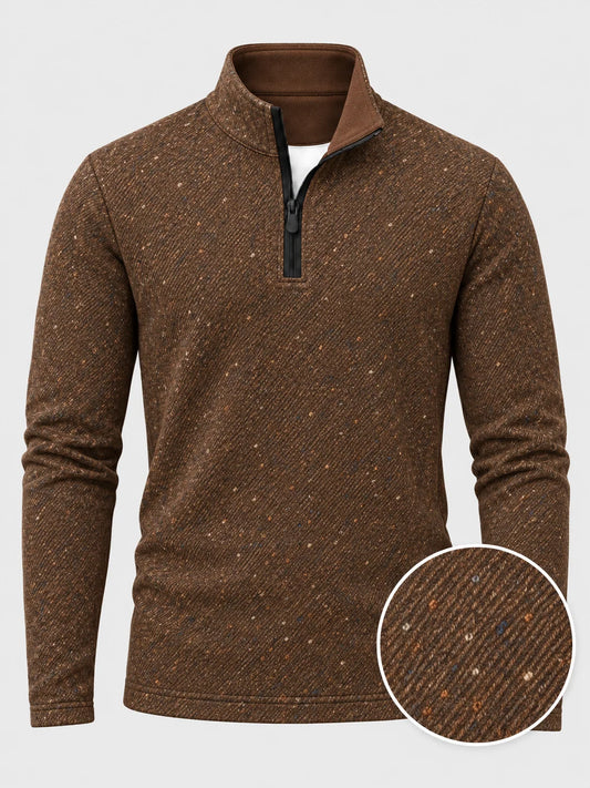 Golf-Pullover mit Viertelreißverschluss und Tweedmuster in Tabakbraun