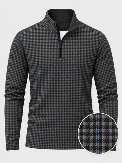 Golf-Pullover mit Viertelreißverschluss und Mikro-Karomuster in Anthrazitblau