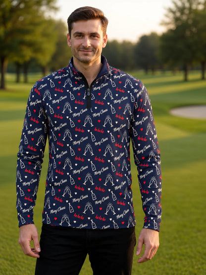 Golfpullover in Mitternachtsblau mit festlichem Weihnachtsmotiv und Viertelreißverschluss