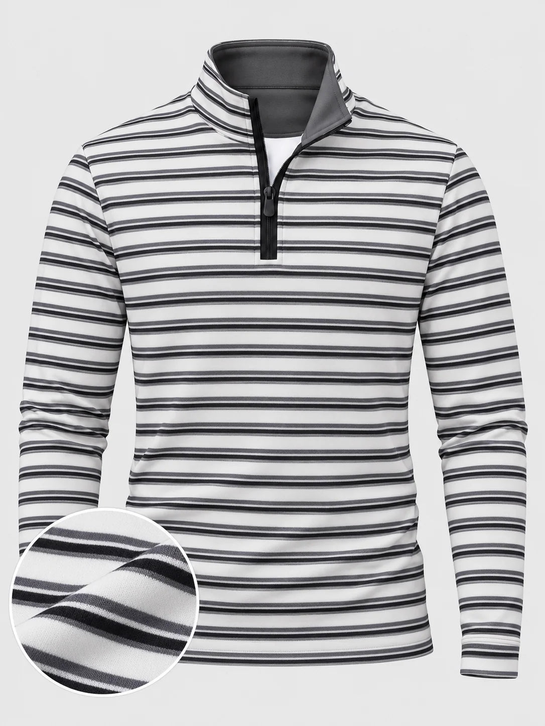 Golfpullover in Weiß und Anthrazit mit Streifenmuster und Viertelreißverschluss