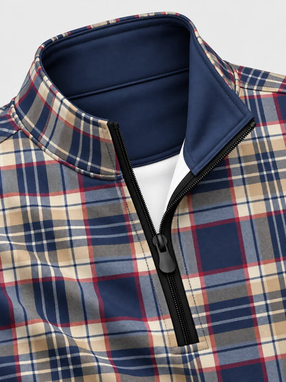 Golfpullover in Camel und Tintenschwarz mit Tartanmuster und Viertelreißverschluss