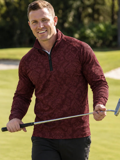 Burgunderroter Golf-Pullover aus Funktionsmaterial mit elegantem Damastmuster und Viertelreißverschluss