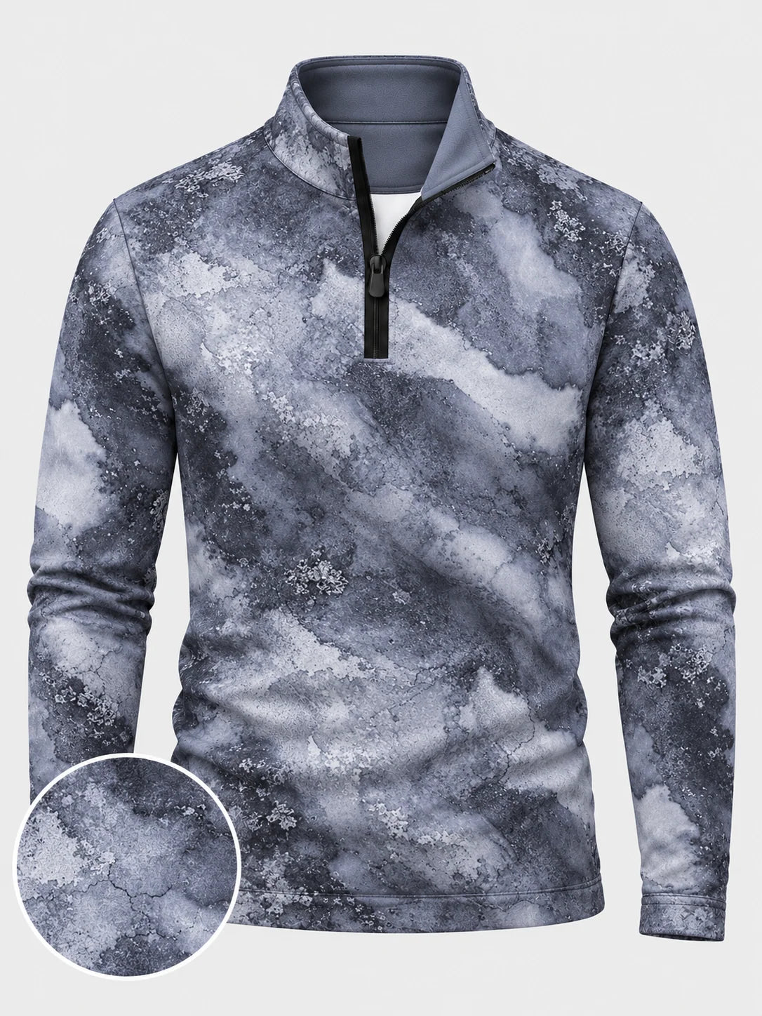 Performance-Pullover in Schieferblau mit Marmormuster und kurzem Reißverschluss