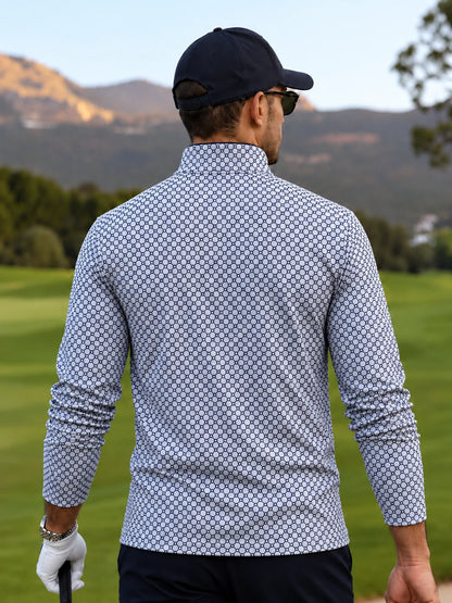 Performance-Golfpullover mit schwarz-weißem geometrischem Muster und Viertelreißverschluss