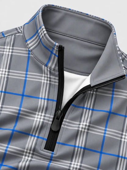 Golf-Pullover in Grau und Kobaltblau mit Karomuster und kurzem Reißverschluss