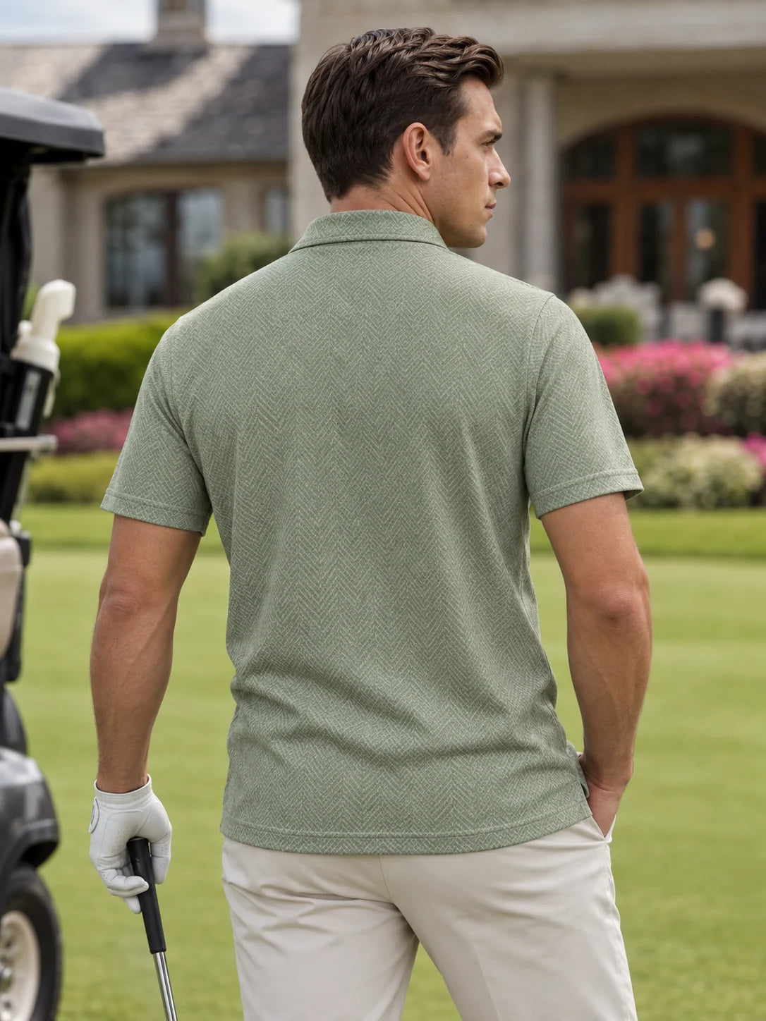 Salbeigrünes Performance-Golfpoloshirt mit Chevron-Muster