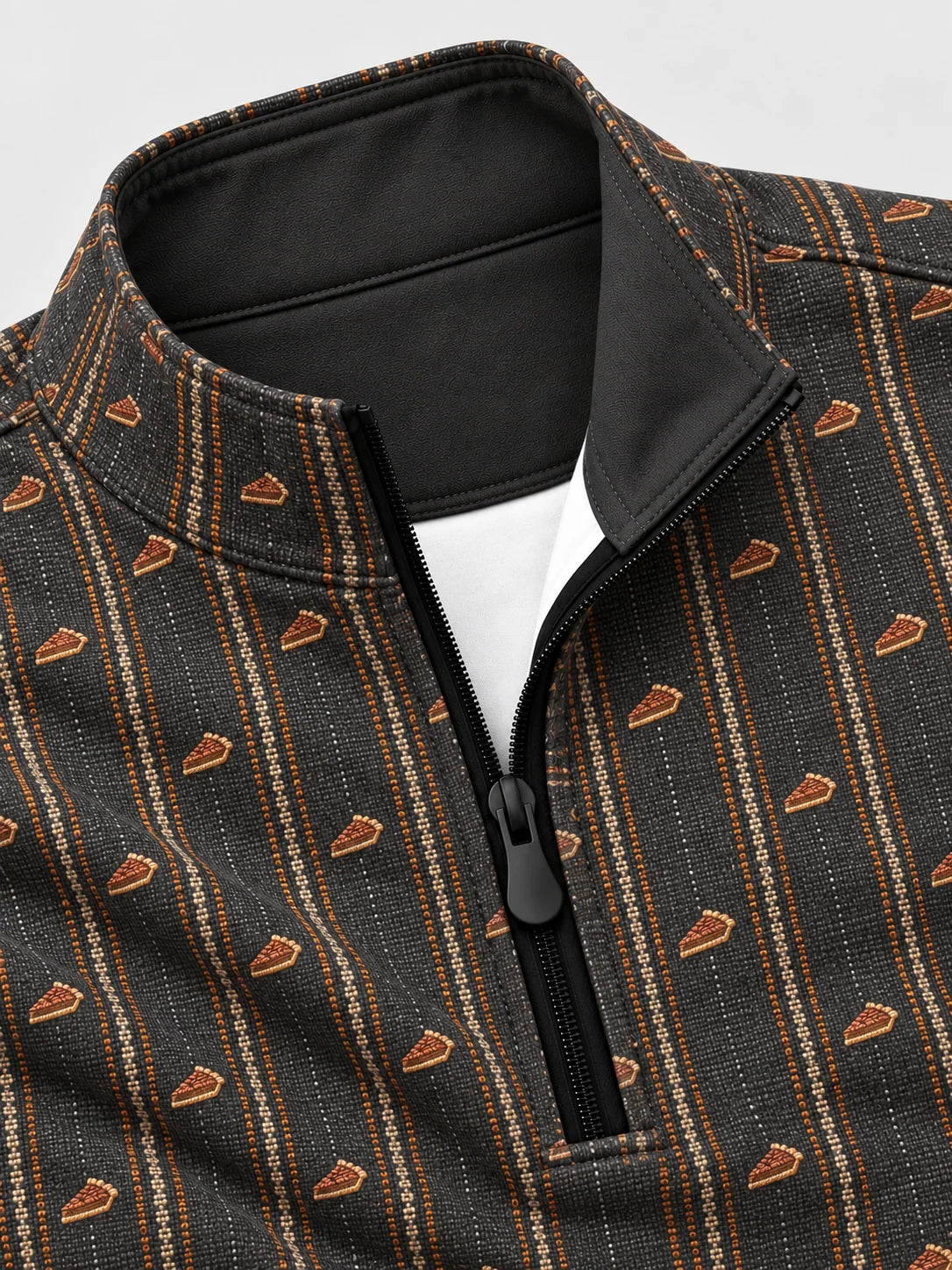 Vintage-Golfpullover mit Kürbiskuchen- und Streifenmuster, Funktionsmaterial und Viertelreißverschluss