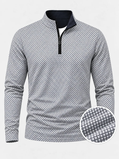 Performance-Golfpullover mit schwarz-weißem geometrischem Muster und Viertelreißverschluss