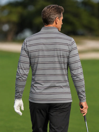 Melierter grauer Golf-Pullover mit feinen Streifen und Viertelreißverschluss aus Funktionsmaterial