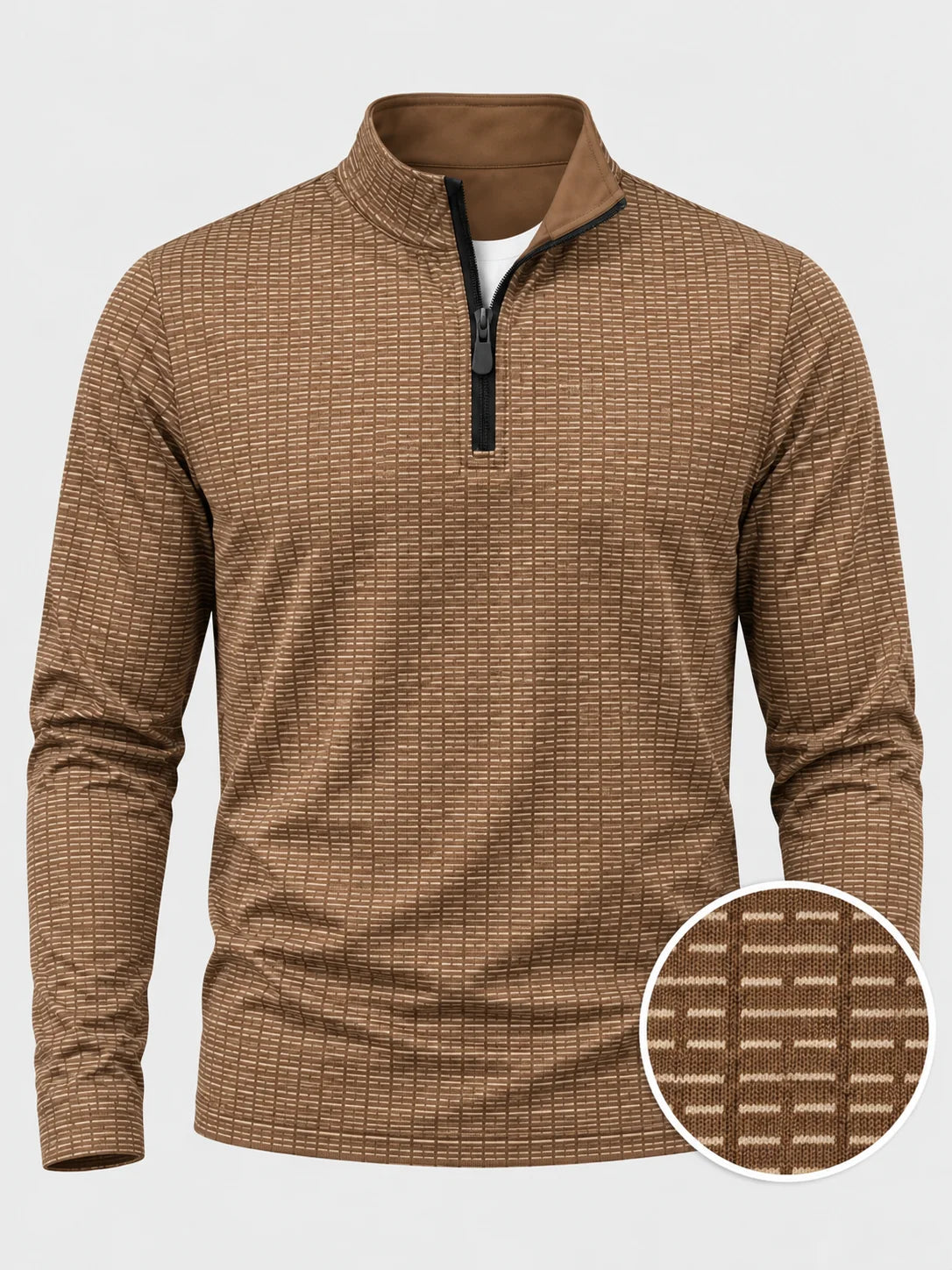 Brauner Performance-Golfpullover mit strukturiertem Muster und Viertelreißverschluss