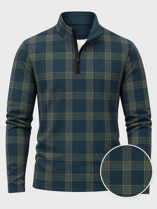 Golf-Pullover aus Funktionsmaterial in tiefem Blaugrün mit klassischem Heritage-Karomuster und Viertelreißverschluss