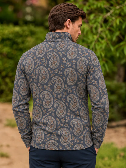 Performance-Pullover in Schieferblau mit floralem Paisley-Muster und kurzem Reißverschluss