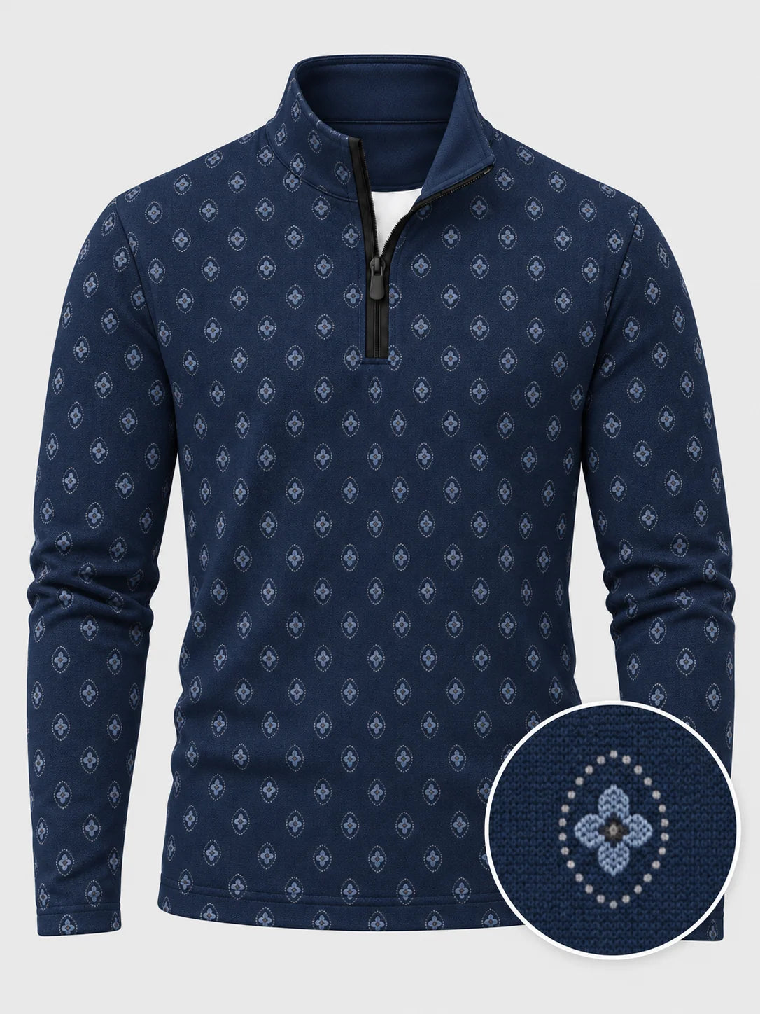 Performance-Pullover mit Viertelreißverschluss und Medaillonmuster in Marineblau