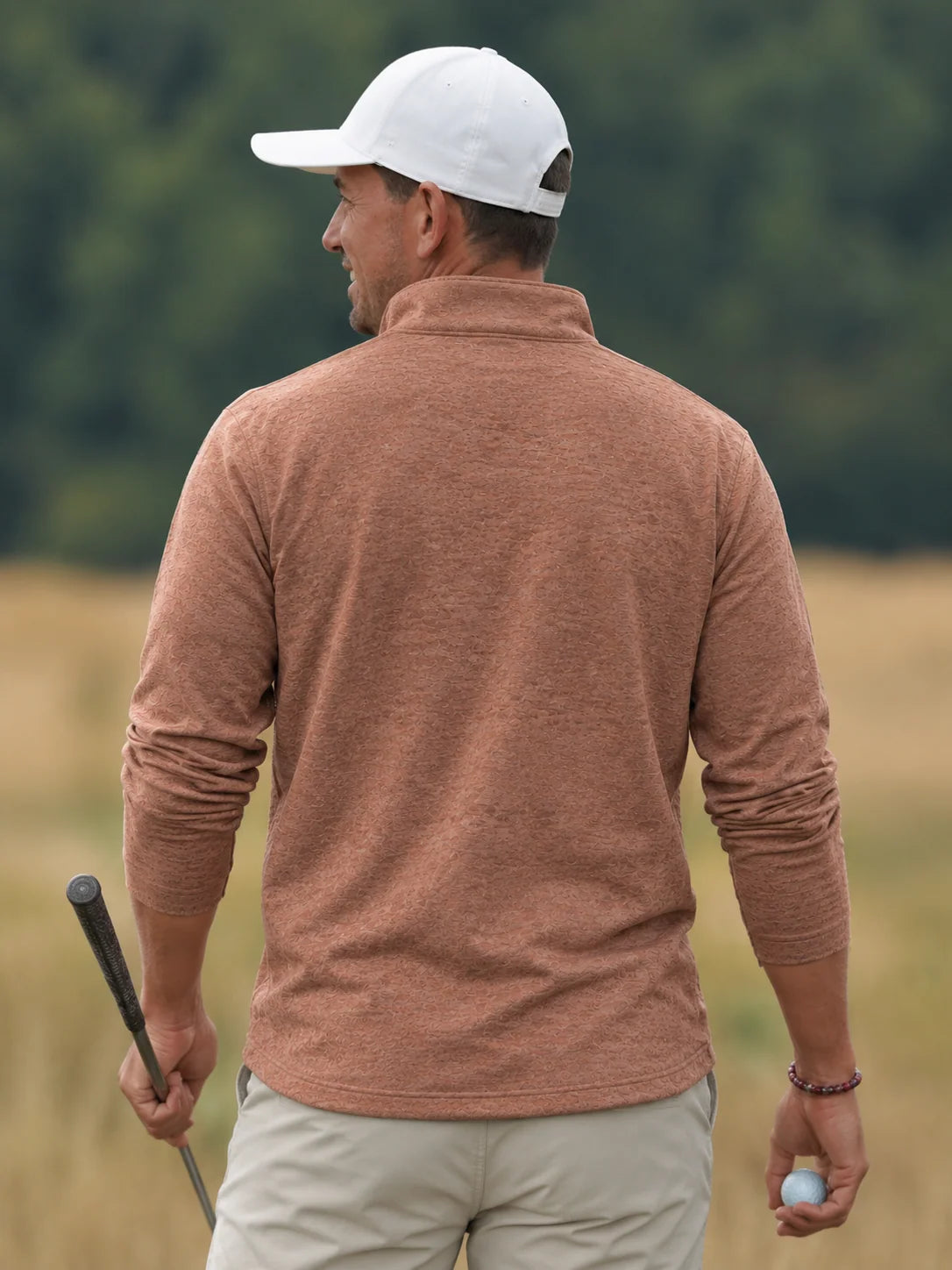 Golf-Pullover in Tonbraun-Melange mit Viertelreißverschluss aus Funktionsmaterial