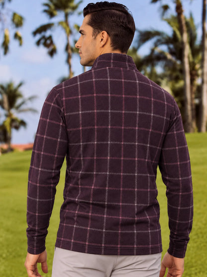 Golf-Pullover mit Viertelreißverschluss und Fensterkaromuster in tiefem Pflaumenton