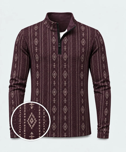Dunkelpflaumenfarbener Heritage-Pullover mit Muster und kurzem Reißverschluss