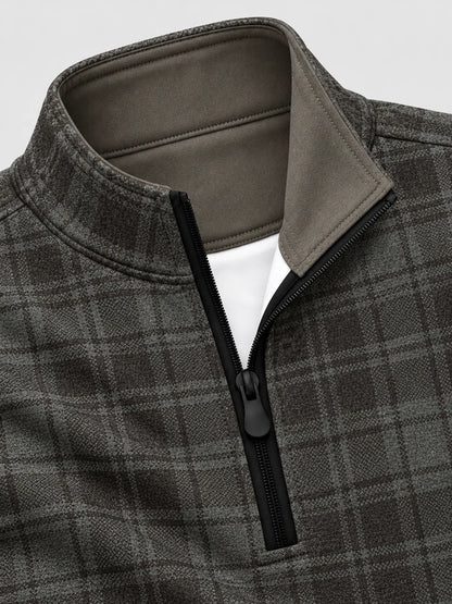 Golf-Pullover mit Viertelreißverschluss und Karomuster in Anthrazit und Olivgrün