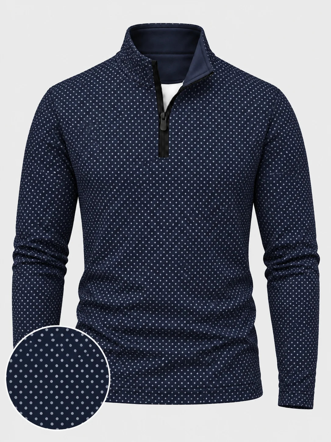 Marineblauer Performance-Pullover mit Viertelreißverschluss und feinem Punktmuster