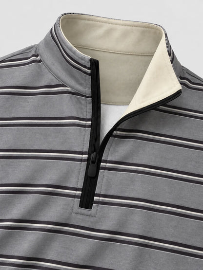 Melierter grauer Golf-Pullover mit feinen Streifen und Viertelreißverschluss aus Funktionsmaterial