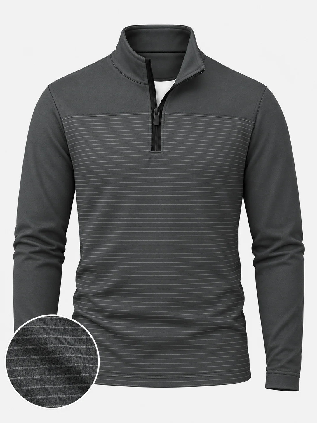 Golf-Pullover in Anthrazit mit feinem Streifenmuster und kurzem Reißverschluss